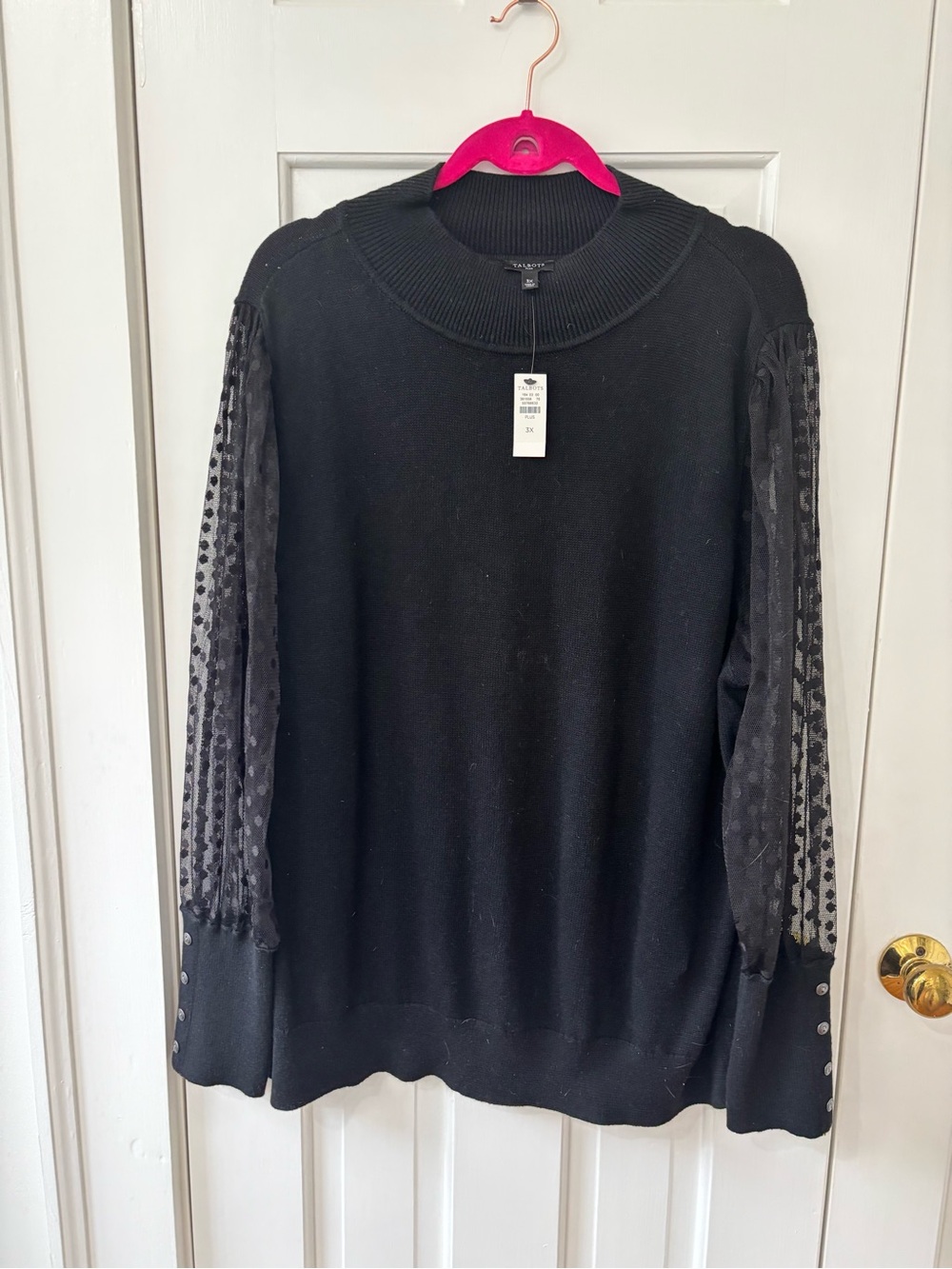 Talbots Black Crewneck Sweater with Sheer Patterned Sleeves
